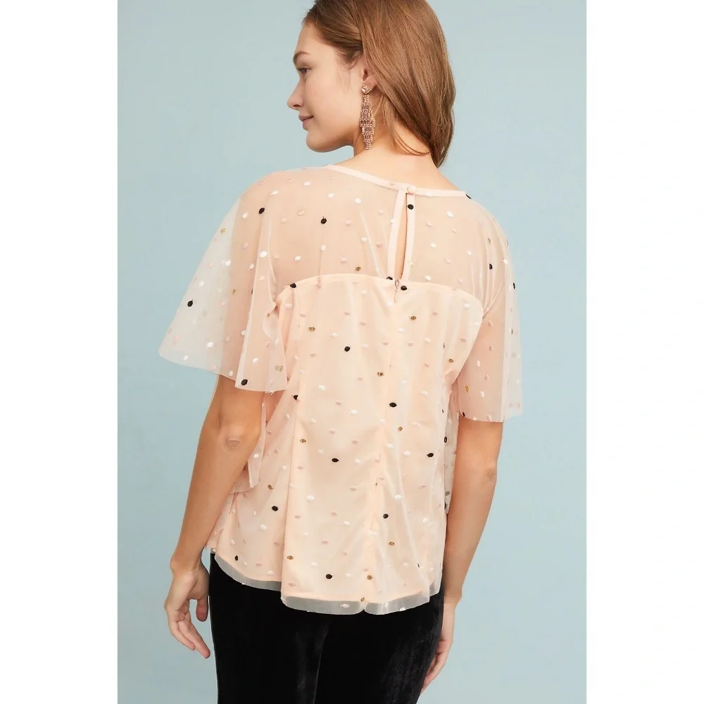 Eva Franco Anthropologie peach apricot mesh layered Polka Dot Top short sleeve - Picture 2 of 8